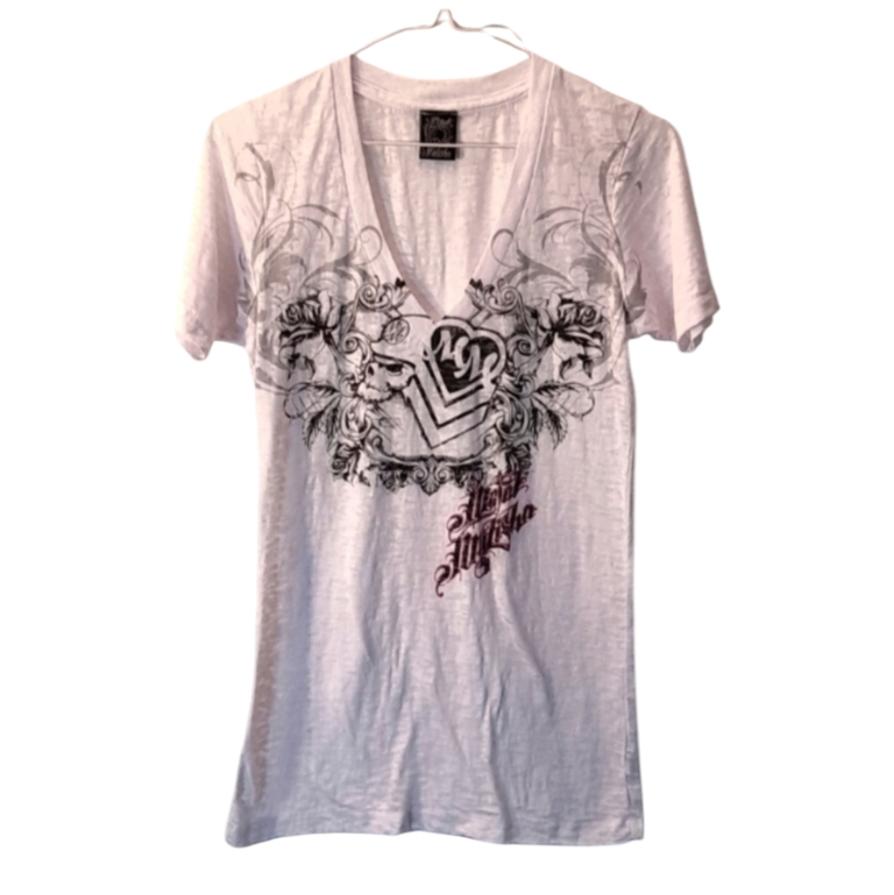 METAL MULISHA Skull & Roses V-Neck T-Shirt Womens Medium